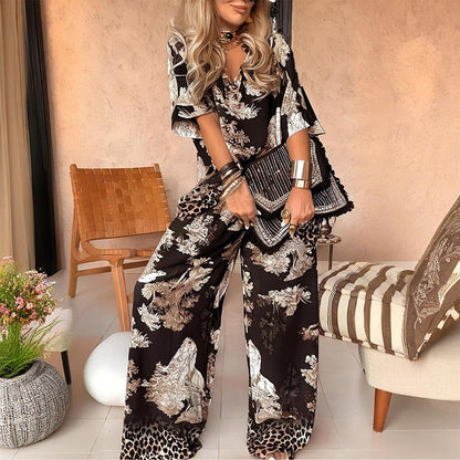 👚50% KORTING! 🌸 Casual set met print en V-hals voor dames – Zacht en ademend – Top met V-hals en lange broek 🍃