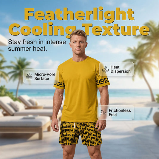 👕 50% KORTING! 💛 Heren trainingsset met korte mouwen en gele grafische print – Comfortabel, sportief en perfect voor training en vrije tijd – Plooi-bestendig en koel katoen 🔥
