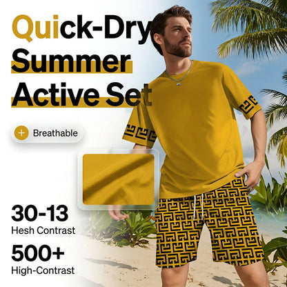👕 50% KORTING! 💛 Heren trainingsset met korte mouwen en gele grafische print – Comfortabel, sportief en perfect voor training en vrije tijd – Plooi-bestendig en koel katoen 🔥