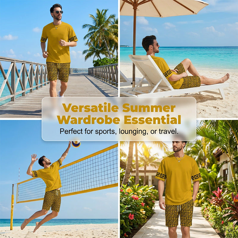 👕 50% KORTING! 💛 Heren trainingsset met korte mouwen en gele grafische print – Comfortabel, sportief en perfect voor training en vrije tijd – Plooi-bestendig en koel katoen 🔥