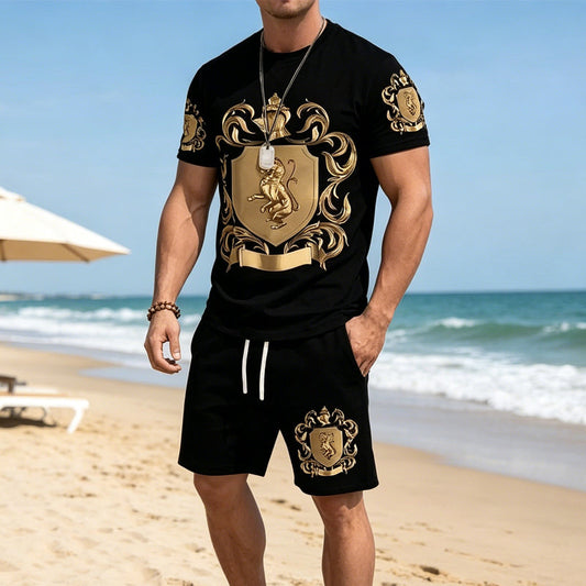 👕 NU 50% KORTING! 👑 Set met T-shirt en korte broek met Gold Crest-print voor heren – Stijlvol, ademend en perfect voor ontspannen zomerdagen of sportieve looks 🩳