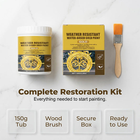🎨🏡Verfset met bladgoudeffect – Watergedragen, weerbestendige metallic goudverf met kwast, ideaal voor meubels, decoratie en doe-het-zelfprojecten buitenshuis