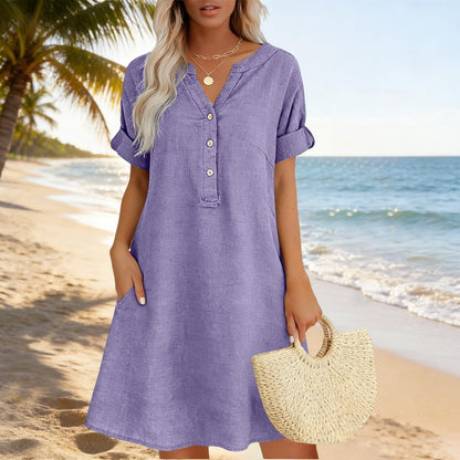 🏖️ 50% KORTING! 👗 Damesjurk met V-hals – losse pasvorm, zakken en ademend