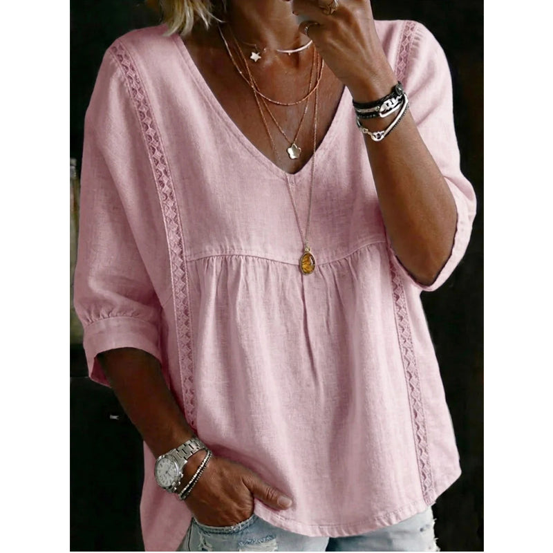 👚 NU 50 % KORTING! 🕊️ Dames-top met V-hals en kanten rand – keizerssnit, 3/4-mouwen & luchtig en soepel vallend – romantisch en comfortabel ✨