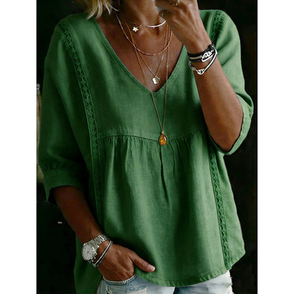👚 NU 50 % KORTING! 🕊️ Dames-top met V-hals en kanten rand – keizerssnit, 3/4-mouwen & luchtig en soepel vallend – romantisch en comfortabel ✨