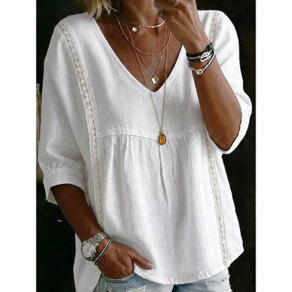 👚 NU 50 % KORTING! 🕊️ Dames-top met V-hals en kanten rand – keizerssnit, 3/4-mouwen & luchtig en soepel vallend – romantisch en comfortabel ✨