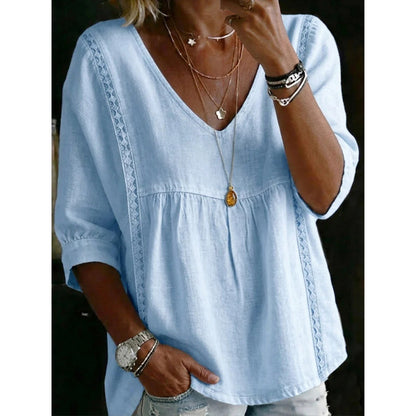 👚 NU 50 % KORTING! 🕊️ Dames-top met V-hals en kanten rand – keizerssnit, 3/4-mouwen & luchtig en soepel vallend – romantisch en comfortabel ✨