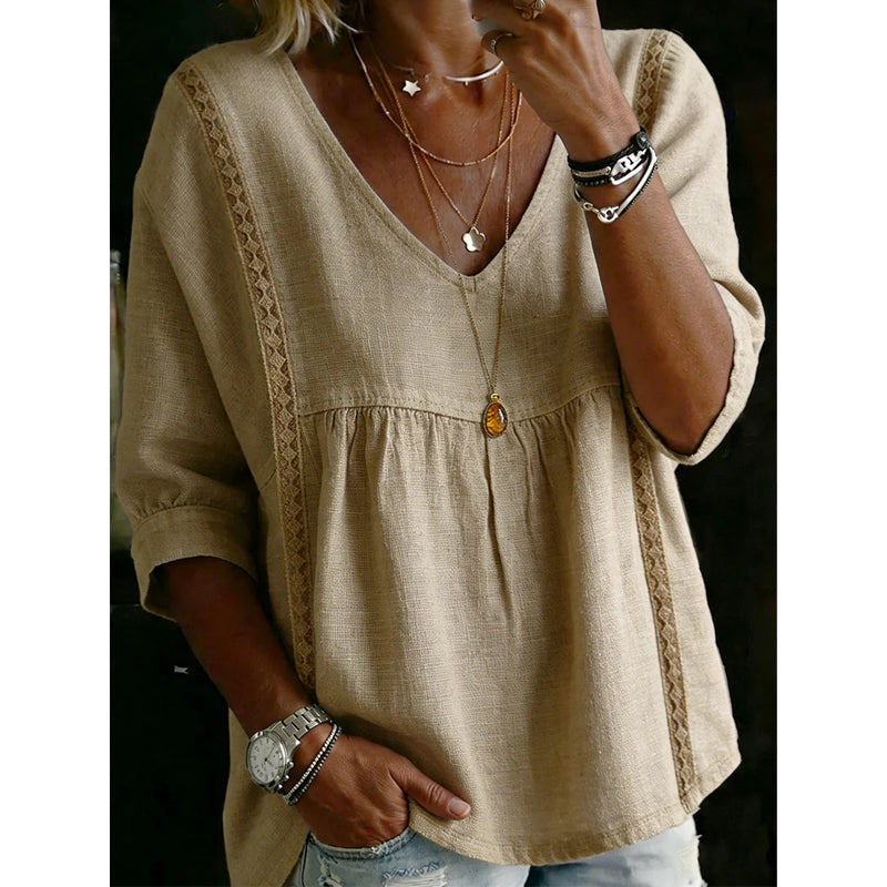 👚 NU 50 % KORTING! 🕊️ Dames-top met V-hals en kanten rand – keizerssnit, 3/4-mouwen & luchtig en soepel vallend – romantisch en comfortabel ✨