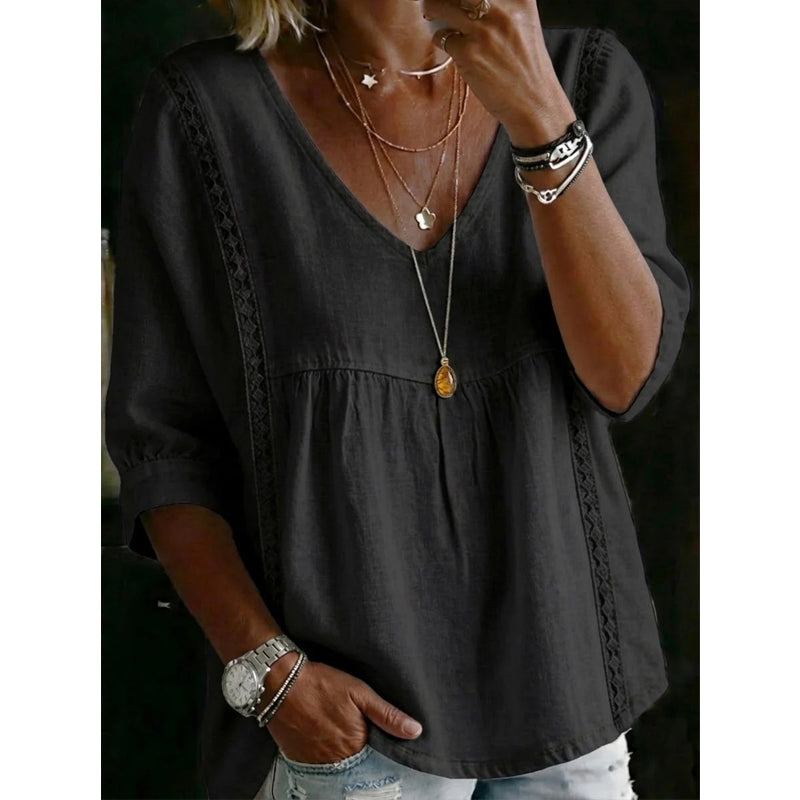 👚 NU 50 % KORTING! 🕊️ Dames-top met V-hals en kanten rand – keizerssnit, 3/4-mouwen & luchtig en soepel vallend – romantisch en comfortabel ✨