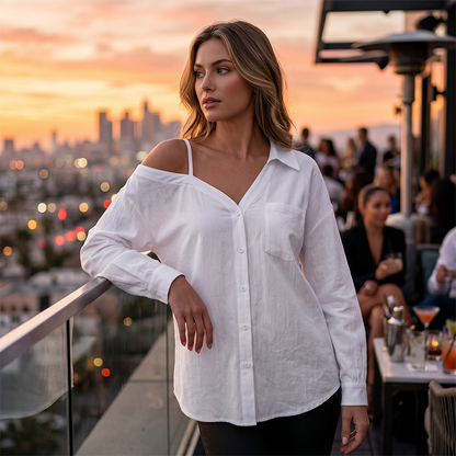 👚 50% KORTING! ✨ Off-shoulder knoopblouse voor dames – asymmetrisch, crêpe en lange mouwen – luchtig, casual en chic 💫