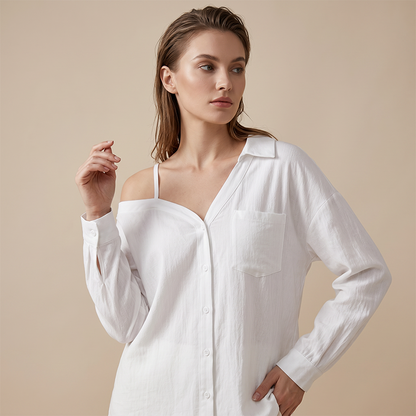 👚 50% KORTING! ✨ Off-shoulder knoopblouse voor dames – asymmetrisch, crêpe en lange mouwen – luchtig, casual en chic 💫