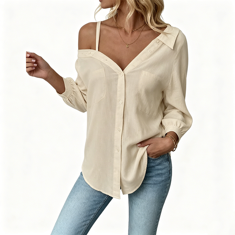 👚 50% KORTING! ✨ Off-shoulder knoopblouse voor dames – asymmetrisch, crêpe en lange mouwen – luchtig, casual en chic 💫