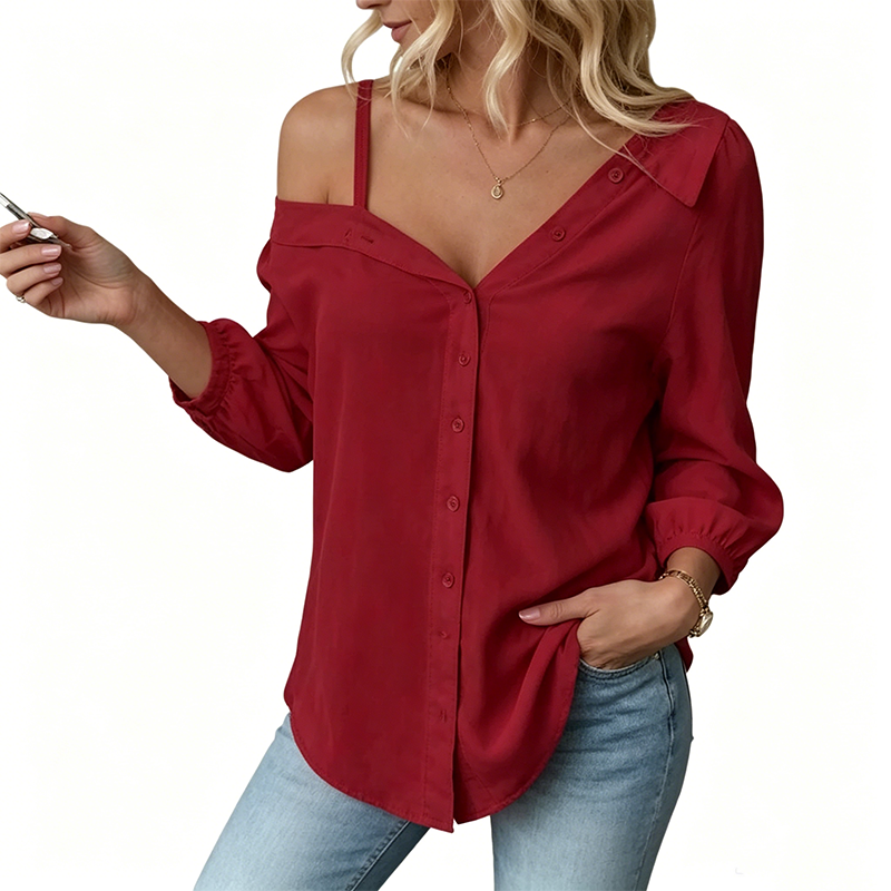 👚 50% KORTING! ✨ Off-shoulder knoopblouse voor dames – asymmetrisch, crêpe en lange mouwen – luchtig, casual en chic 💫