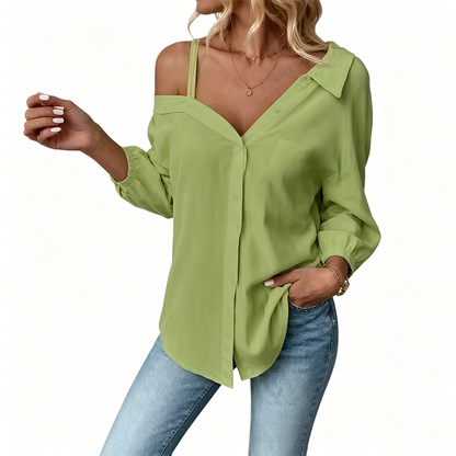 👚 50% KORTING! ✨ Off-shoulder knoopblouse voor dames – asymmetrisch, crêpe en lange mouwen – luchtig, casual en chic 💫