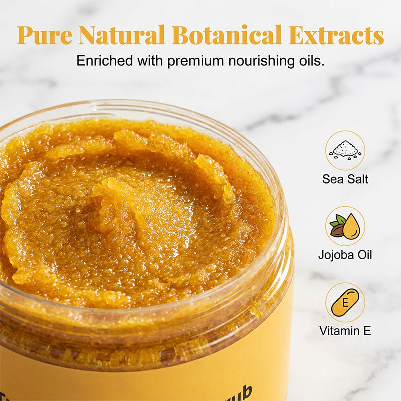 🛁50% KORTING🧴 Kurkuma-lichthoudende lichaamsscrub | Exfoliatie met natuurlijk zeezout · Voedend met jojoba-olie · Vermindert een doffe teint · Geschikt voor gezicht en lichaam