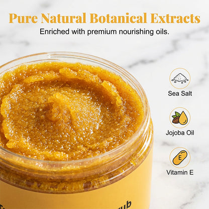 🛁50% KORTING🧴 Kurkuma-lichthoudende lichaamsscrub | Exfoliatie met natuurlijk zeezout · Voedend met jojoba-olie · Vermindert een doffe teint · Geschikt voor gezicht en lichaam