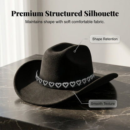 🤠 TIJDELIJKE AANBIEDING: 50% KORTING! 💥 Dames rhinestone hart cowboyhoed – Sprankelende, elegante Franse jazz fedora ✨