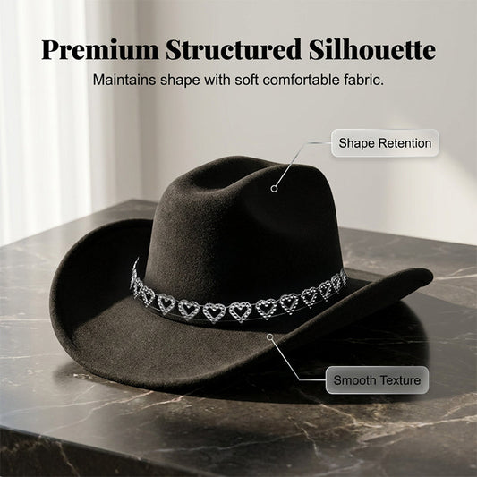 🤠 TIJDELIJKE AANBIEDING: 50% KORTING! 💥 Dames rhinestone hart cowboyhoed – Sprankelende, elegante Franse jazz fedora ✨