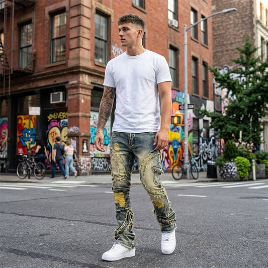 👖 50% KORTING! ✨ Klassieke stretchjeans met uitlopende pijpen voor heren – vintage-wash & patchwork-details – hoogwaardige denim, perfect voor een smart-casual-look – comfortabel en stijlvol 🔥