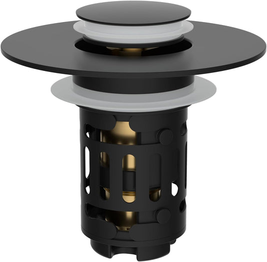 Hibbent verbeterd 3-in-1-afvoerfilter voor wastafel, universele pop-up-stop, afneembare haarvanger in mandvorm van roestvrij staal, stop voor wastafel van 2,8–5,9 cm, messingpatroon, matzwart