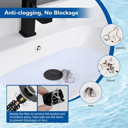 Hibbent verbeterd 3-in-1-afvoerfilter voor wastafel, universele pop-up-stop, afneembare haarvanger in mandvorm van roestvrij staal, stop voor wastafel van 2,8–5,9 cm, messingpatroon, matzwart