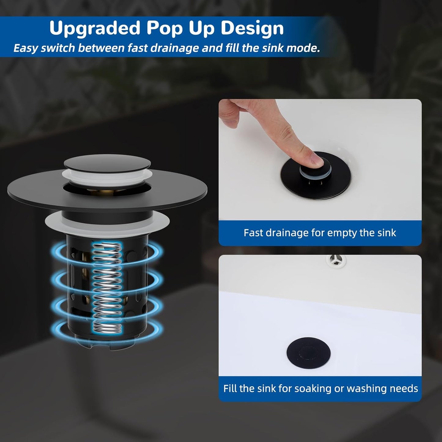 Hibbent verbeterd 3-in-1-afvoerfilter voor wastafel, universele pop-up-stop, afneembare haarvanger in mandvorm van roestvrij staal, stop voor wastafel van 2,8–5,9 cm, messingpatroon, matzwart