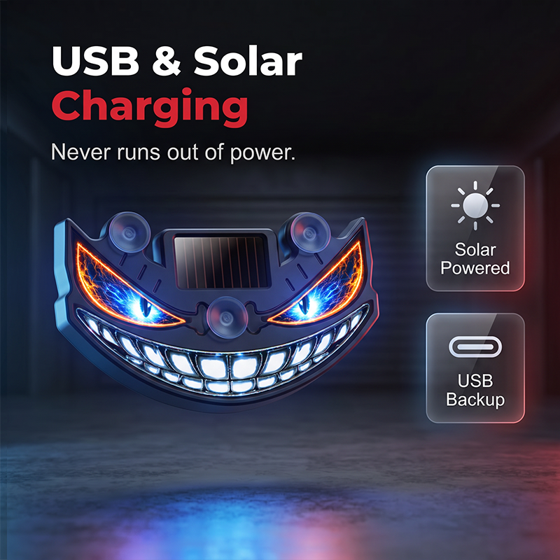 🔥 50% KORTING! 😈 Solar LED-waarschuwingslampje voor de auto „Teufelssauge“ ✨ Trillingssensor, opladen via USB en zonne-energie, universeel voor personenauto’s en vrachtwagens