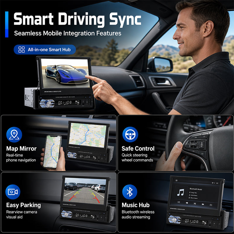 📻 Autoradio met touchscreen | 7-inch touchscreen · Bluetooth-handsfree · USB/SD/AUX · Achteruitrijcamera