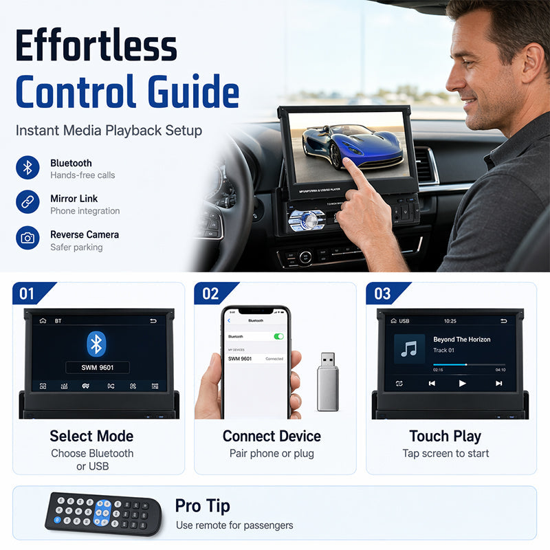 📻 Autoradio met touchscreen | 7-inch touchscreen · Bluetooth-handsfree · USB/SD/AUX · Achteruitrijcamera