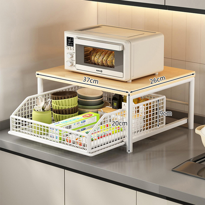 🍳 NU 50% KORTING! 🗄️ Magnetronstandaard met 2 niveaus en uitschuifbare lade – Stevig aanrechtblad, ruimtebesparend en gemakkelijk toegankelijk ✨