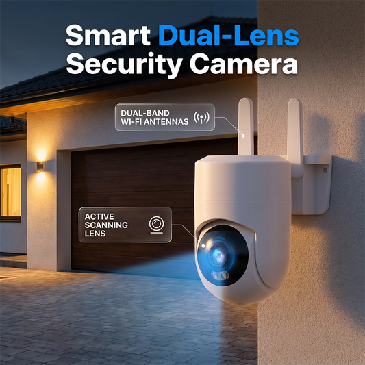 📹 Slimme beveiligingscamera met dubbele lens | Nauwkeurige persoonsdetectie dankzij dubbele lens · 360° panoramisch beeld · IP66 weerbestendig