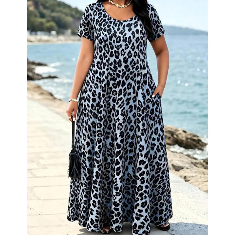 🐆 50% KORTING! 👗 Damesmaxi-jurk met luipaardprint en zakken, casual lange jurk met korte mouwen – Comfortabel