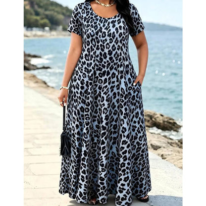 🐆 50% KORTING! 👗 Damesmaxi-jurk met luipaardprint en zakken, casual lange jurk met korte mouwen – Comfortabel