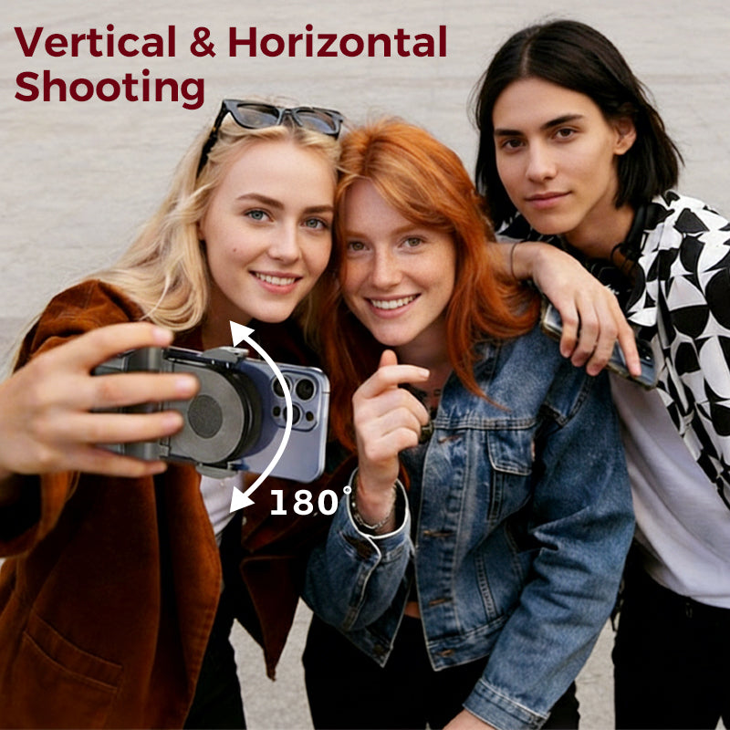 📸 Multifunctionele handgreep voor smartphonefotografie | Trillingsdempende greep · 180° draaibaar voor het wisselen tussen liggend en staand formaat · Kan worden ingeklapt tot een bureauhouder