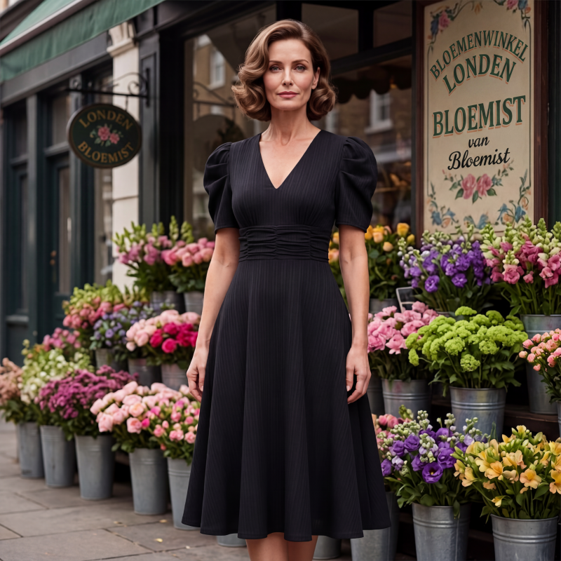 🥳2026 HOT UITVERKOOP🥳💞MEER DAN 50.000 VERKOCHT!💥💕🌿 50% KORTING! Elegante jurk met pofmouwen – V-hals en hoge taille creëren een zandloperfiguur. Ademend, kreukvrij. Perfect voor volwassen vrouwen. 👗✅