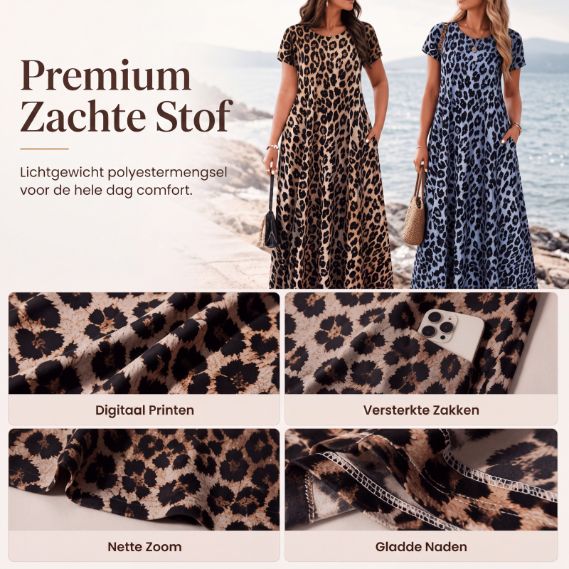 🐆 50% KORTING! 👗 Damesmaxi-jurk met luipaardprint en zakken, casual lange jurk met korte mouwen – Comfortabel