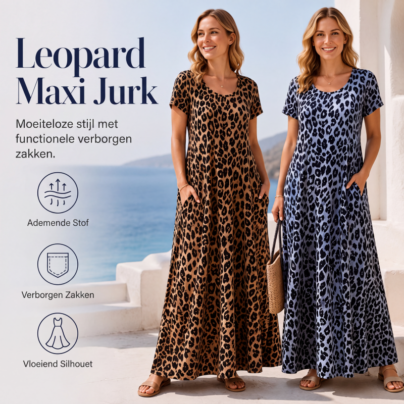 🐆 50% KORTING! 👗 Damesmaxi-jurk met luipaardprint en zakken, casual lange jurk met korte mouwen – Comfortabel