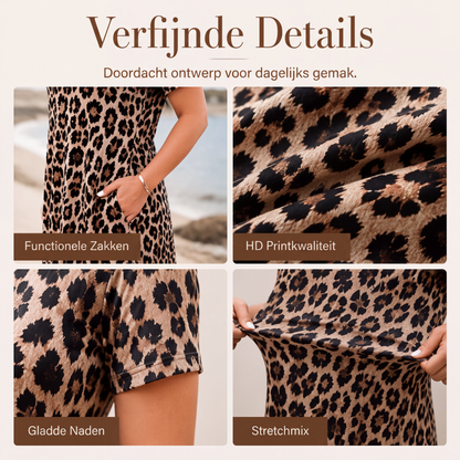 🐆 50% KORTING! 👗 Damesmaxi-jurk met luipaardprint en zakken, casual lange jurk met korte mouwen – Comfortabel