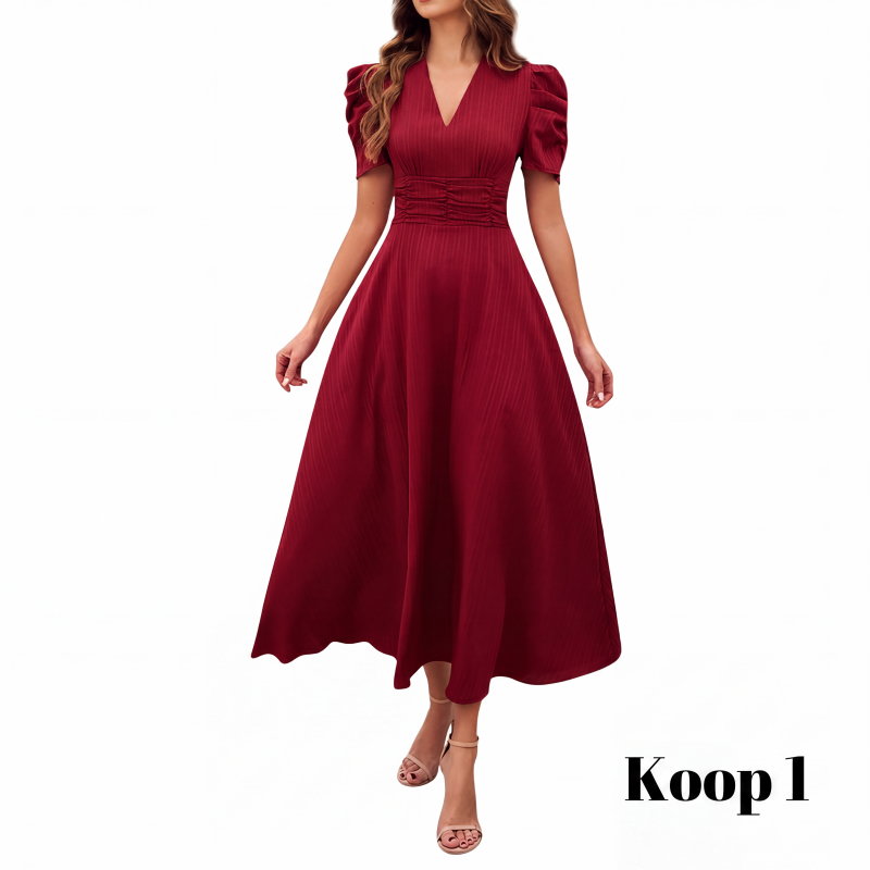 🥳2026 HOT UITVERKOOP🥳💞MEER DAN 50.000 VERKOCHT!💥💕🌿 50% KORTING! Elegante jurk met pofmouwen – V-hals en hoge taille creëren een zandloperfiguur. Ademend, kreukvrij. Perfect voor volwassen vrouwen. 👗✅