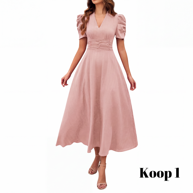 🥳2026 HOT UITVERKOOP🥳💞MEER DAN 50.000 VERKOCHT!💥💕🌿 50% KORTING! Elegante jurk met pofmouwen – V-hals en hoge taille creëren een zandloperfiguur. Ademend, kreukvrij. Perfect voor volwassen vrouwen. 👗✅