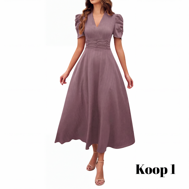 🥳2026 HOT UITVERKOOP🥳💞MEER DAN 50.000 VERKOCHT!💥💕🌿 50% KORTING! Elegante jurk met pofmouwen – V-hals en hoge taille creëren een zandloperfiguur. Ademend, kreukvrij. Perfect voor volwassen vrouwen. 👗✅