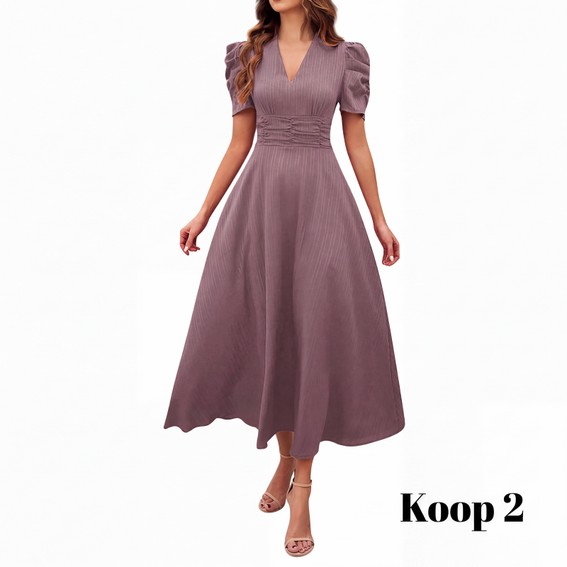 🥳2026 HOT UITVERKOOP🥳💞MEER DAN 50.000 VERKOCHT!💥💕🌿 50% KORTING! Elegante jurk met pofmouwen – V-hals en hoge taille creëren een zandloperfiguur. Ademend, kreukvrij. Perfect voor volwassen vrouwen. 👗✅