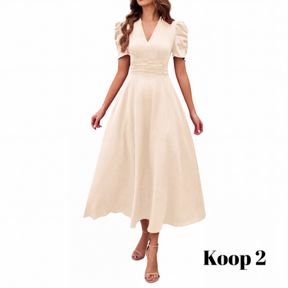 🥳2026 HOT UITVERKOOP🥳💞MEER DAN 50.000 VERKOCHT!💥💕🌿 50% KORTING! Elegante jurk met pofmouwen – V-hals en hoge taille creëren een zandloperfiguur. Ademend, kreukvrij. Perfect voor volwassen vrouwen. 👗✅