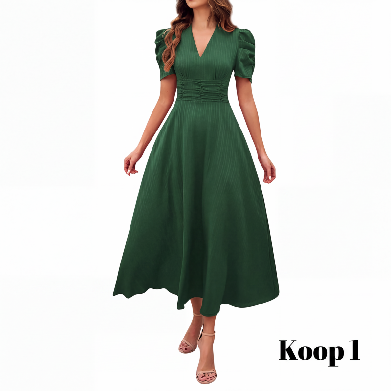 🥳2026 HOT UITVERKOOP🥳💞MEER DAN 50.000 VERKOCHT!💥💕🌿 50% KORTING! Elegante jurk met pofmouwen – V-hals en hoge taille creëren een zandloperfiguur. Ademend, kreukvrij. Perfect voor volwassen vrouwen. 👗✅