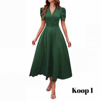 🥳2026 HOT UITVERKOOP🥳💞MEER DAN 50.000 VERKOCHT!💥💕🌿 50% KORTING! Elegante jurk met pofmouwen – V-hals en hoge taille creëren een zandloperfiguur. Ademend, kreukvrij. Perfect voor volwassen vrouwen. 👗✅