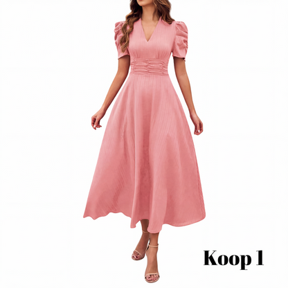 🥳2026 HOT UITVERKOOP🥳💞MEER DAN 50.000 VERKOCHT!💥💕🌿 50% KORTING! Elegante jurk met pofmouwen – V-hals en hoge taille creëren een zandloperfiguur. Ademend, kreukvrij. Perfect voor volwassen vrouwen. 👗✅
